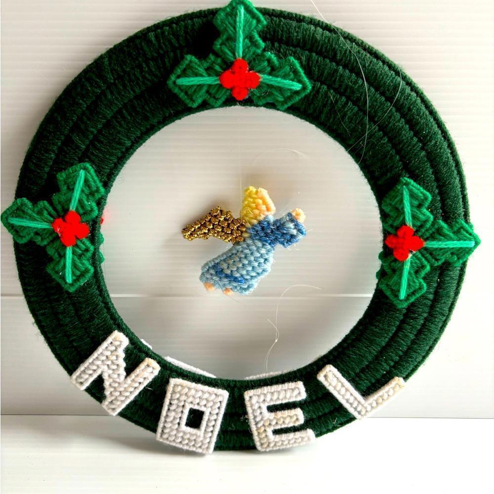 Vintage Kitsch Needlepoint Noel Wreath Angel